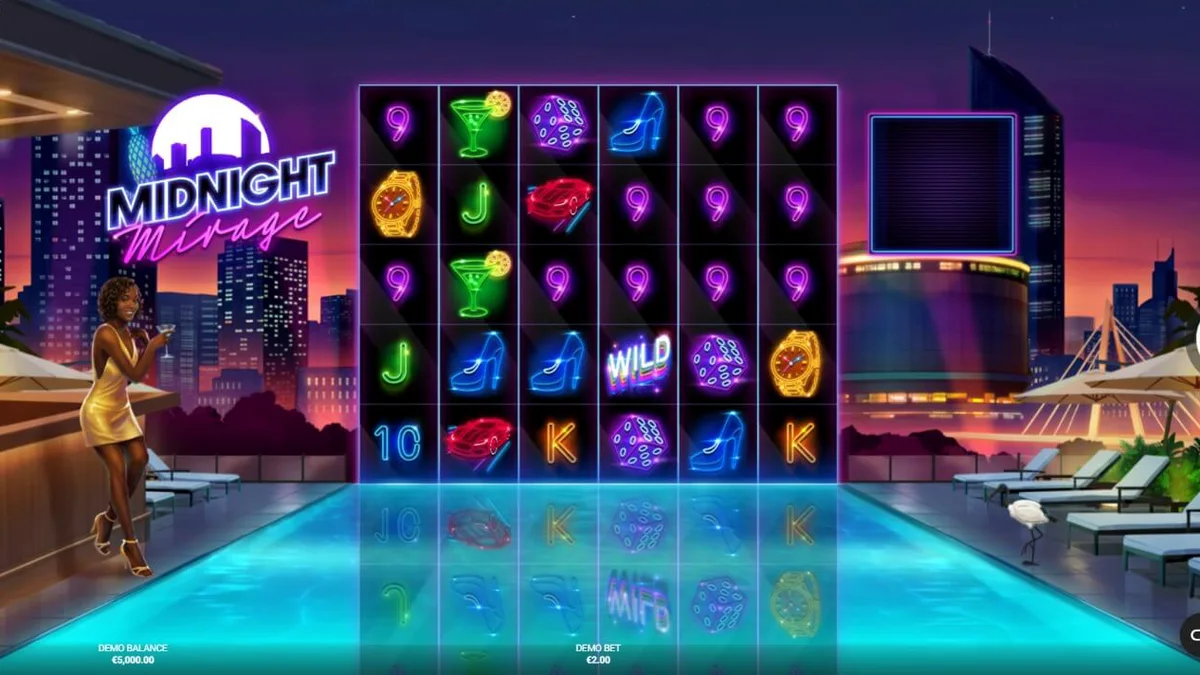 Neon-drenched rooftop bar theme in Midnight Mirage slot