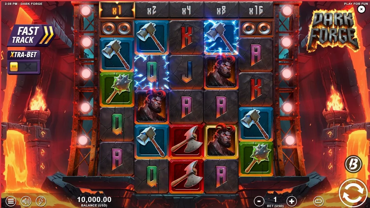 Tampilan visual slot Dark Forge dengan tema pandai besi iblis