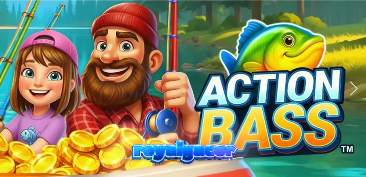 Pemandangan danau yang tenang dengan elemen memancing dalam slot Action Bass